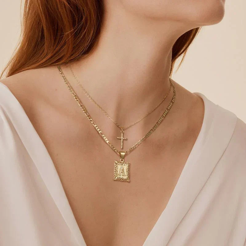 Cross Initial Necklace Set | Gold