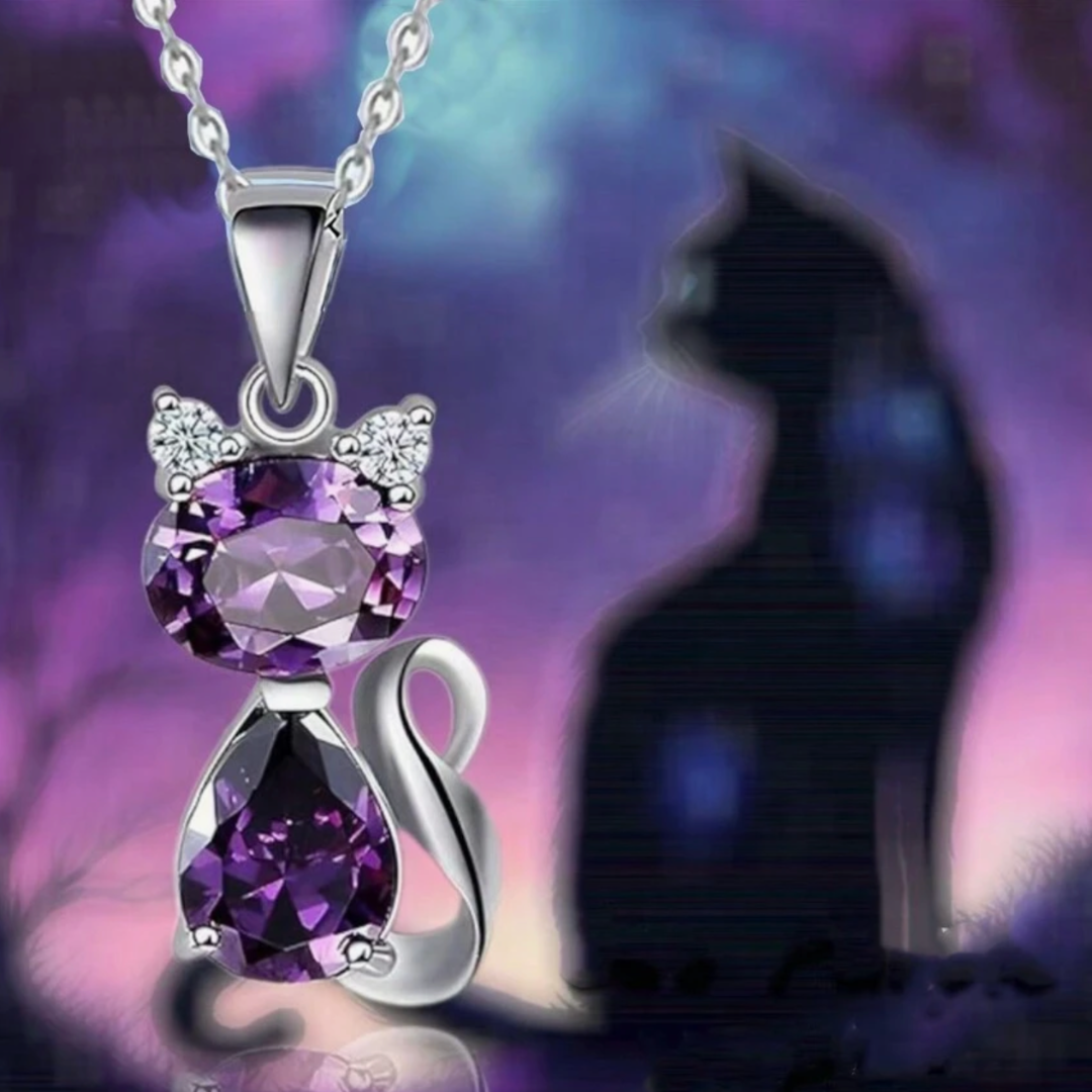 Purple Crystal Cat Pendant Necklace
