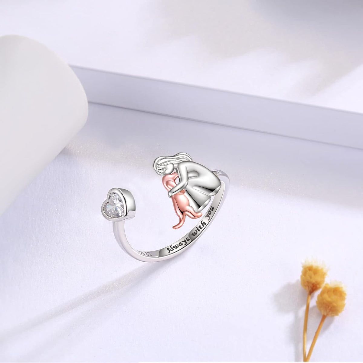 Adjustable Dog Ring in 925 Sterling Silver – “Always in My Heart” with Zirconia