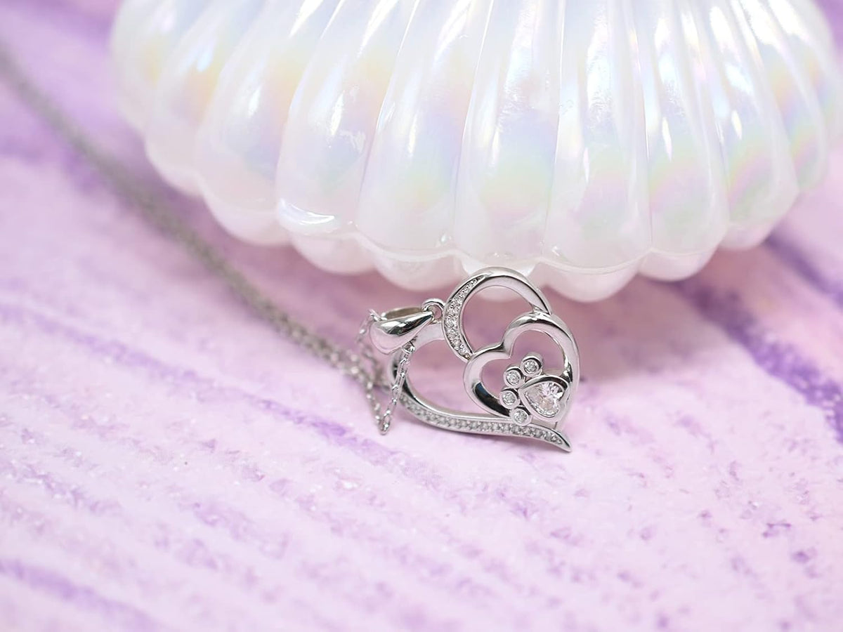Sterling Silver Paw & Heart Necklace with Zirconia