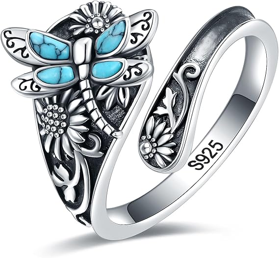 Sterling Silver Turquoise Spoon Ring – Vintage Boho Wrap Ring with Dragonfly