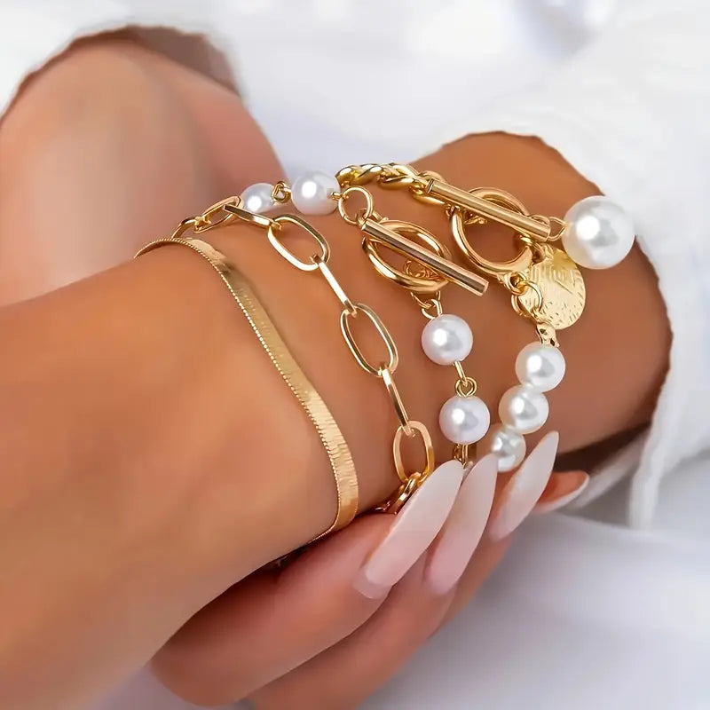 Chic Gold 4-Piece Bracelet Set – Snake, Pearls & Links | Gold