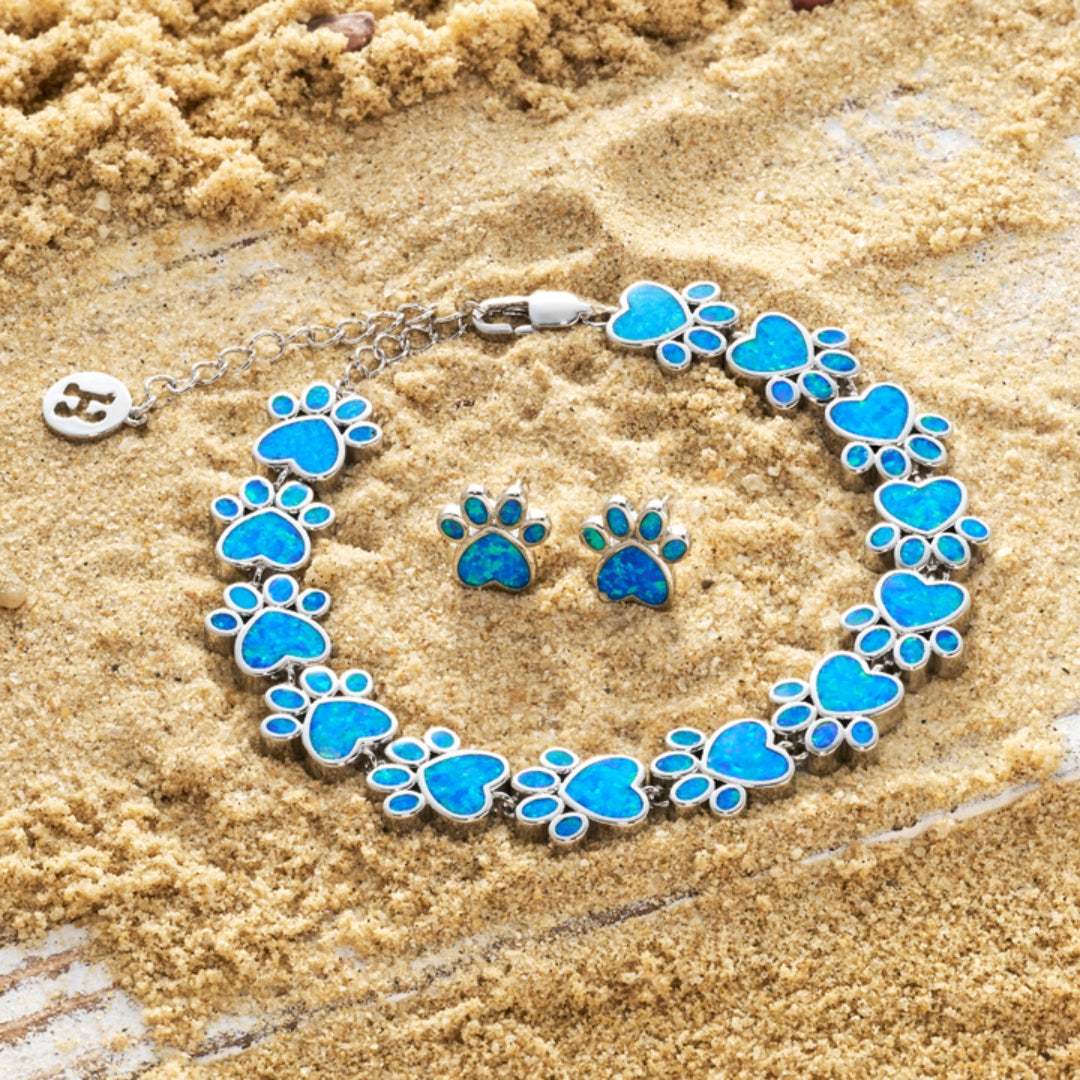 Oceanic Paw Blue Opal and Silver Bracelet + Earrings Set | Sustainable Ocean-Inspired Jewelry