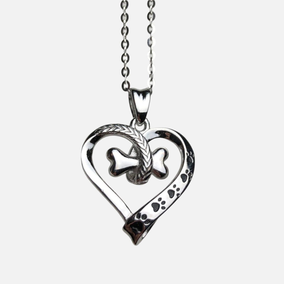Dog Paw and Heart Necklace in Stainless Steel