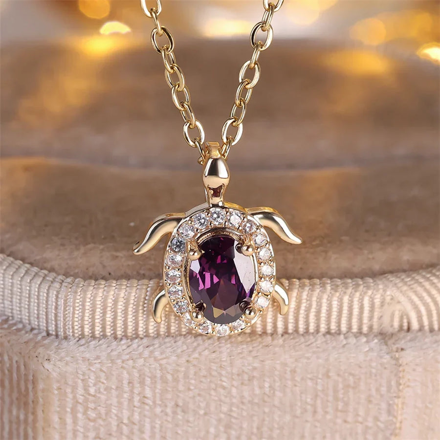 Purple Crystal Turtle Pendant Necklace
