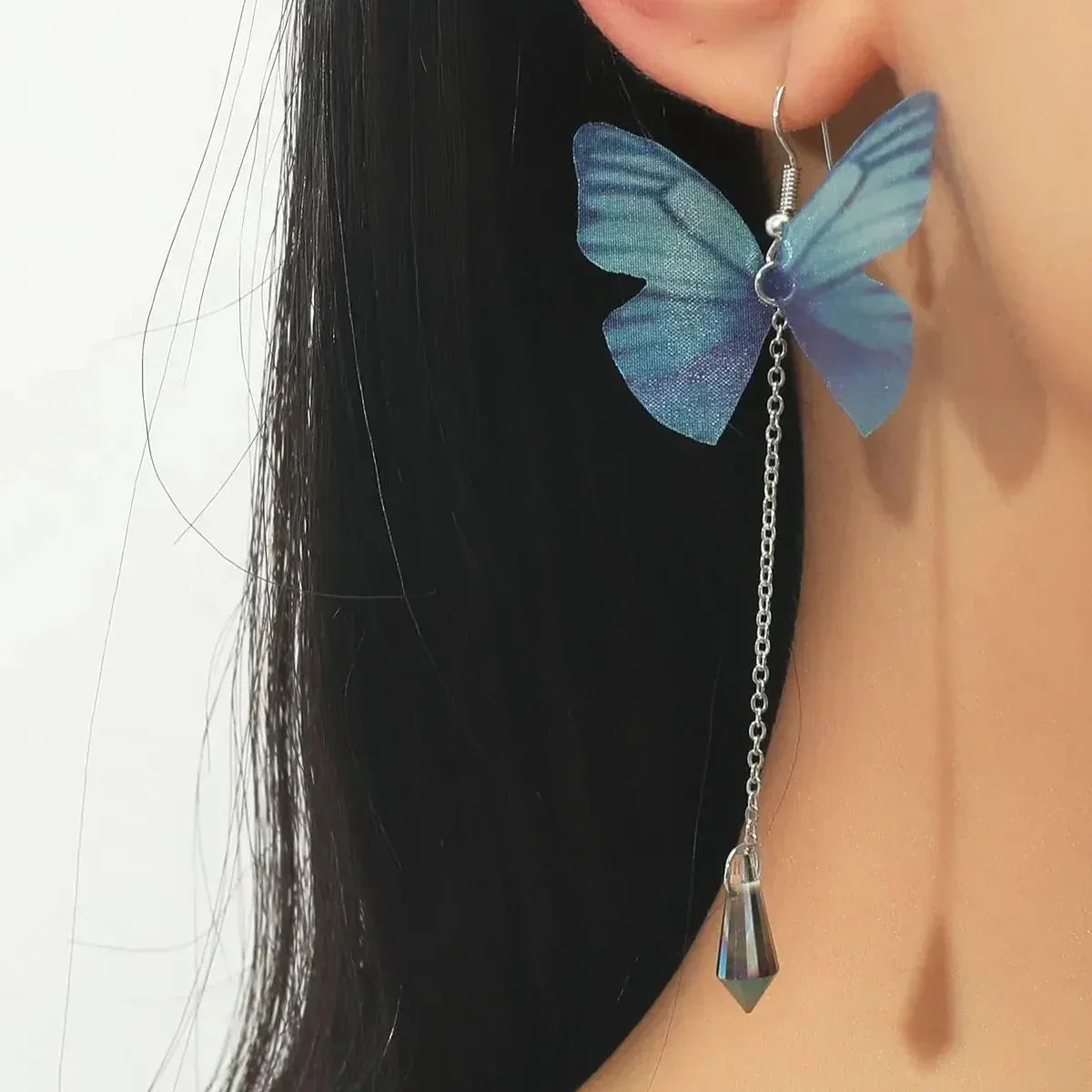 Blue Butterfly Crystal Tassel Earrings