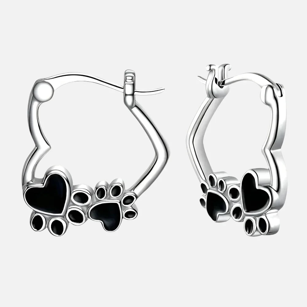 Heart Paw Huggie Earrings with Black Enamel