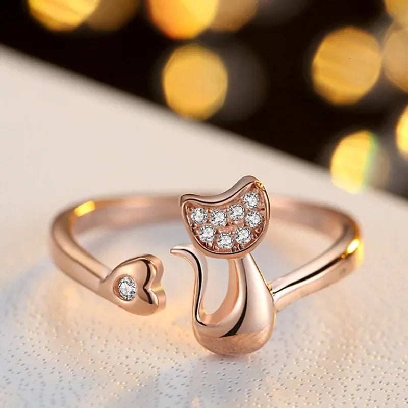 Cute Cat Open Ring – Cubic Zirconia