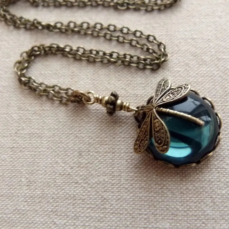 Vintage Green Stone Dragonfly Pendant Necklace