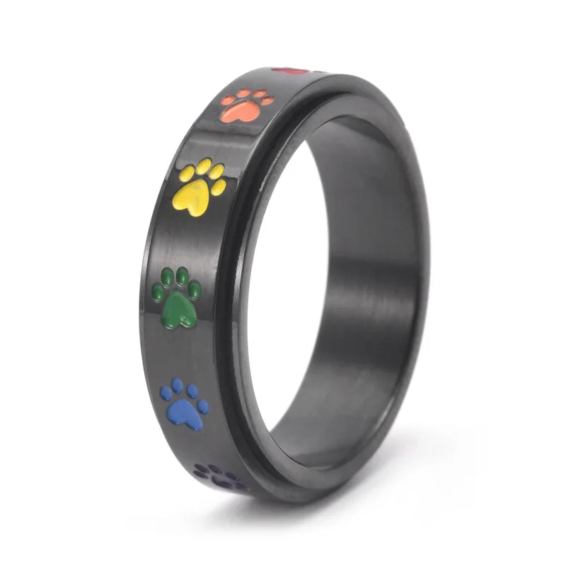 Spinning Stress Reducing Paw Ring – Stainless Steel with Rainbow Paws