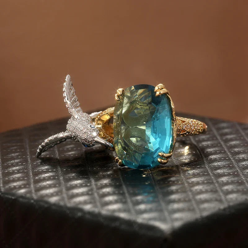 Adjustable Aquamarine-Color Hummingbird Ring – 14K Gold Plated