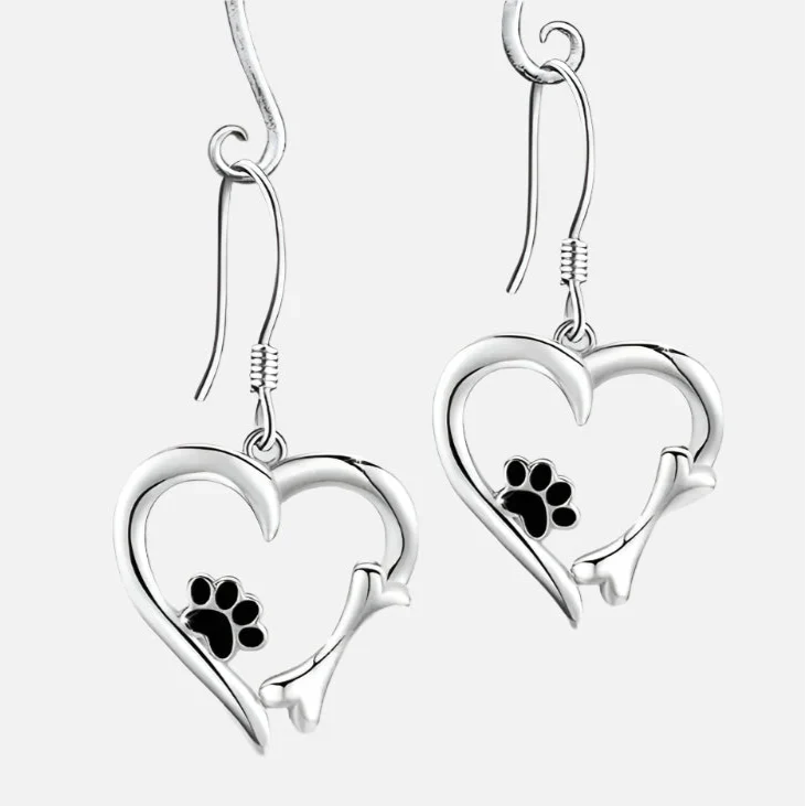 Silver Drop Earrings with Heart & Paw Design