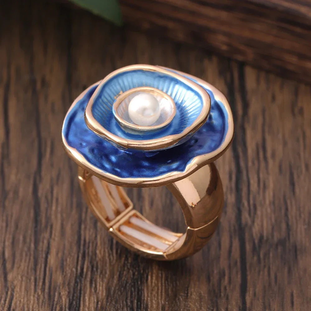 Vintage Blue & Gold Pearl Adjustable Ring