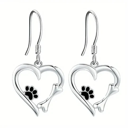 Yaritza™ – Silver Paw & Heart Drop Earrings