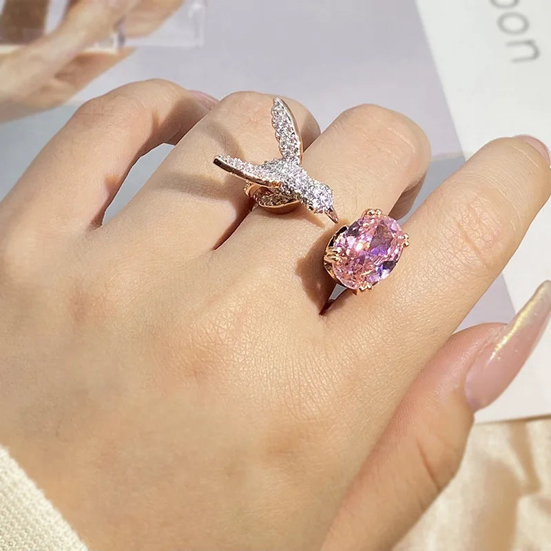 Adjustable Hummingbird Gemstone Ring – Zircon, 14K Gold Plated