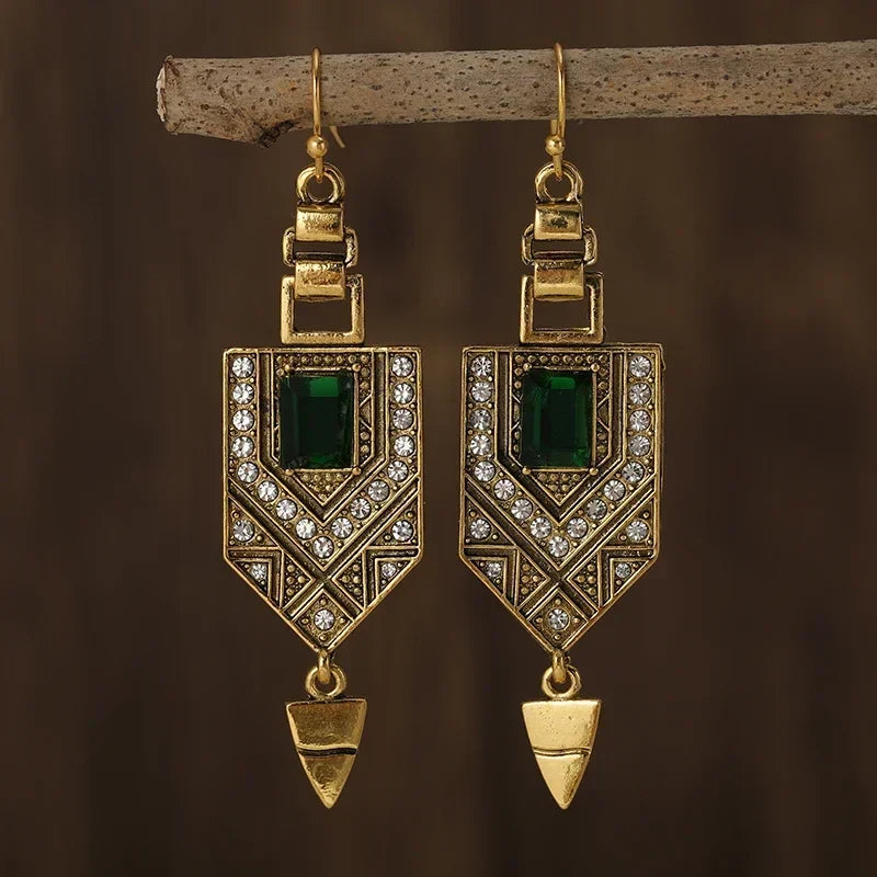 Vintage Gold & Green Geometric Earrings