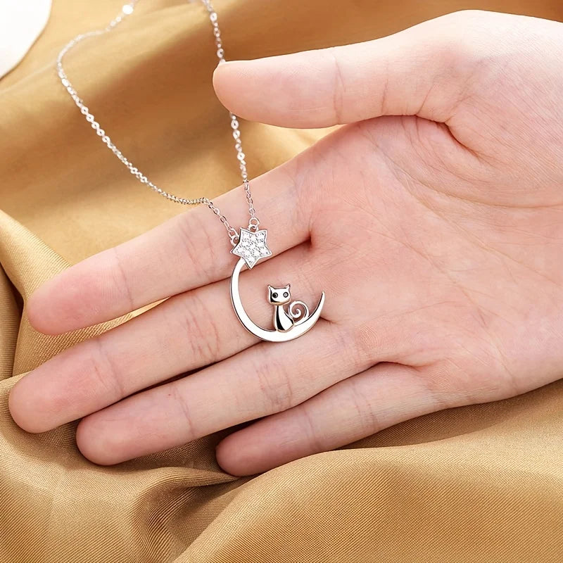 Sterling Silver Cat Moon Star Necklace