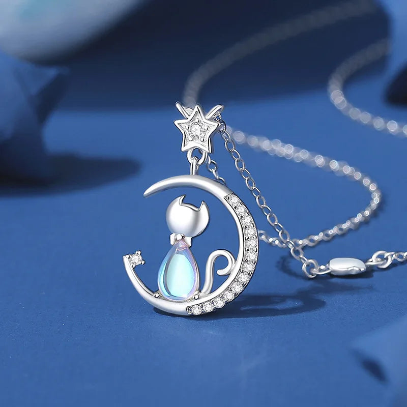 Cat Moon Sterling Silver Necklace