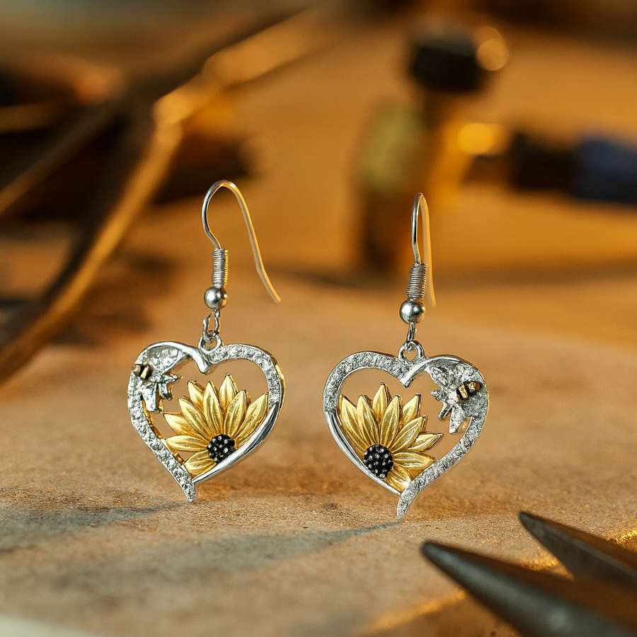 Vintage Boho Sunflower & Bee Heart Dangle Earrings