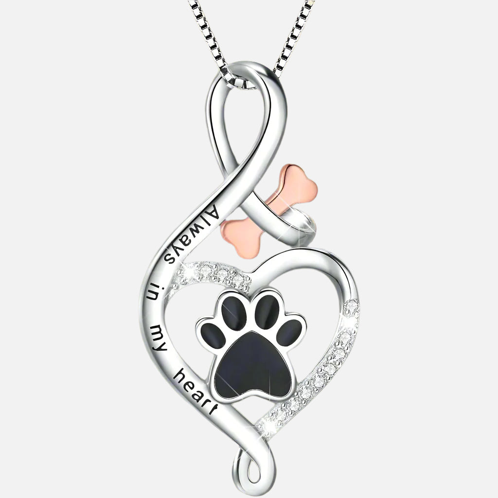Lucky Paw Necklace with Heart, Bone & Infinity – “Always in My Heart” Pendant