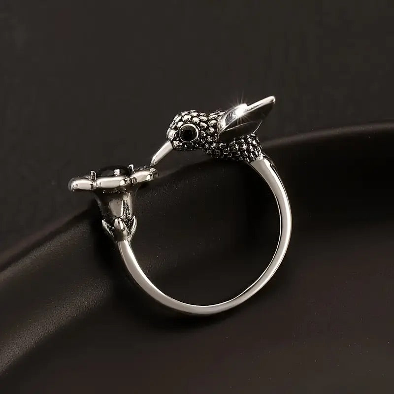 Hummingbird & Flower Ring – Adjustable Open Bird Ring for Women