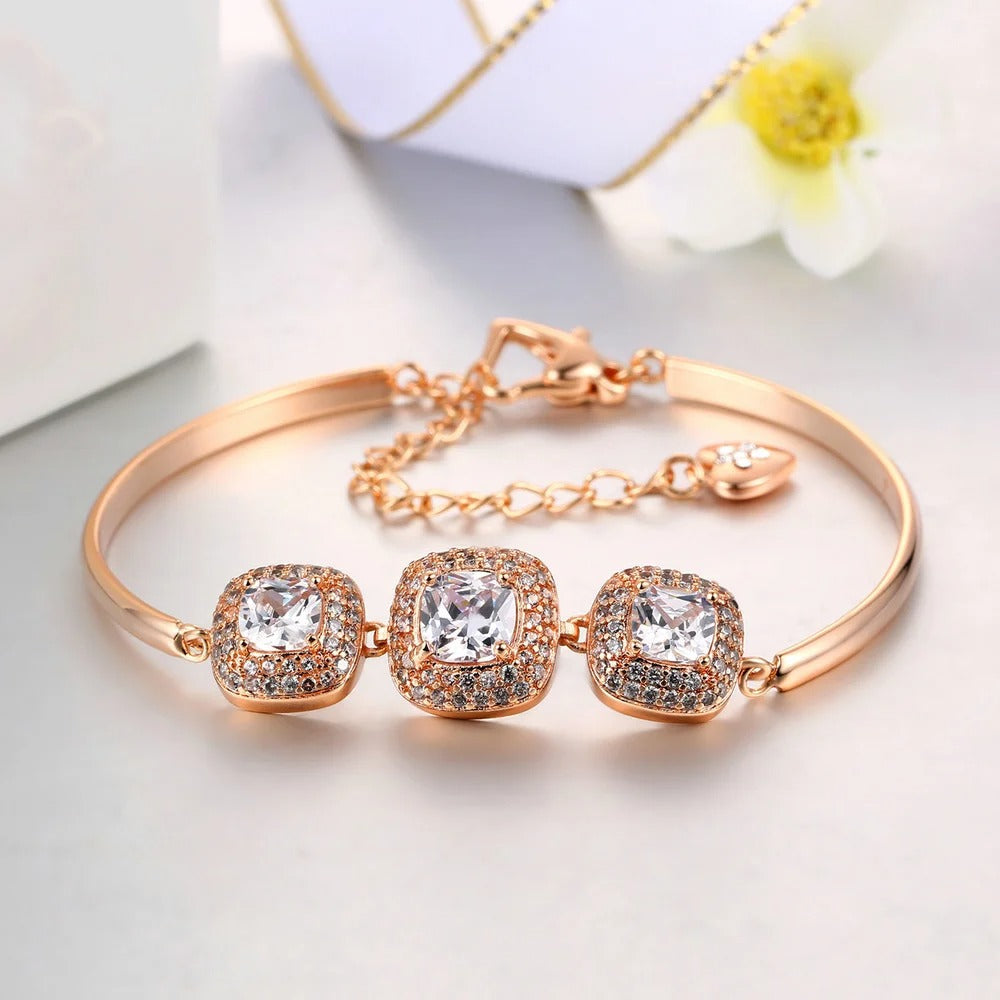 Vintage Rose Gold Triple Crystal Square Design Bracelet