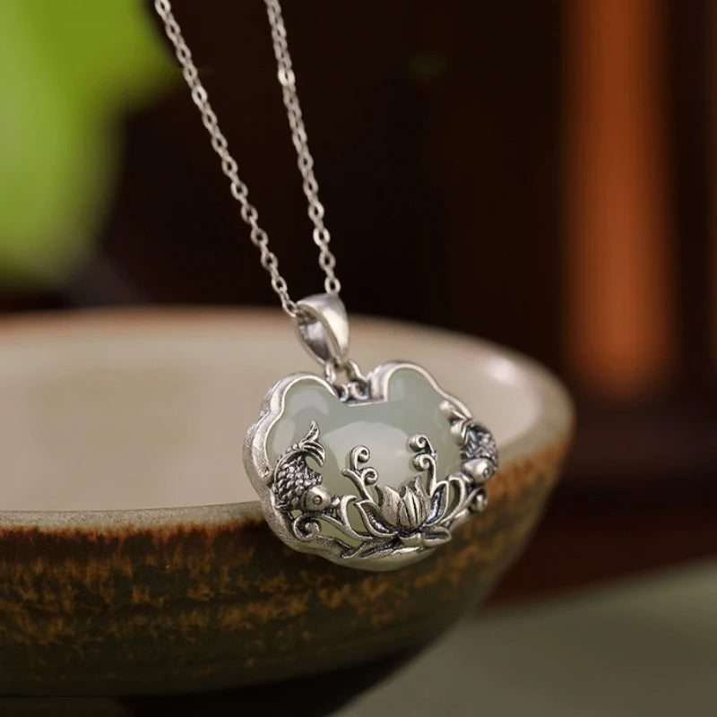 Vintage Silver Fish-Shaped Lotus Flower Necklace