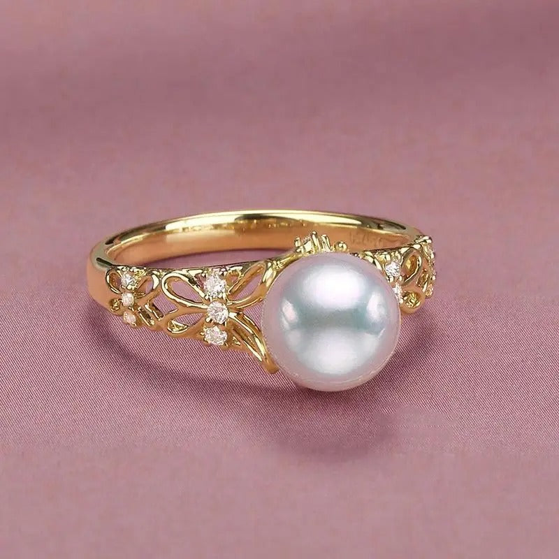 Vintage Gold & Pearl Floral Adjustable Ring