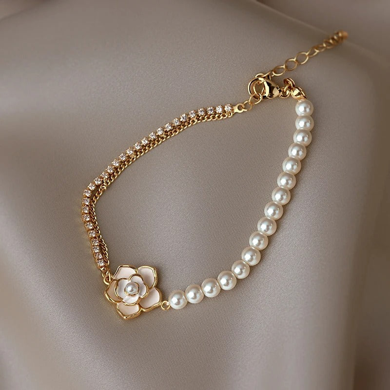 Vintage Pearl & Gold Floral Bracelet