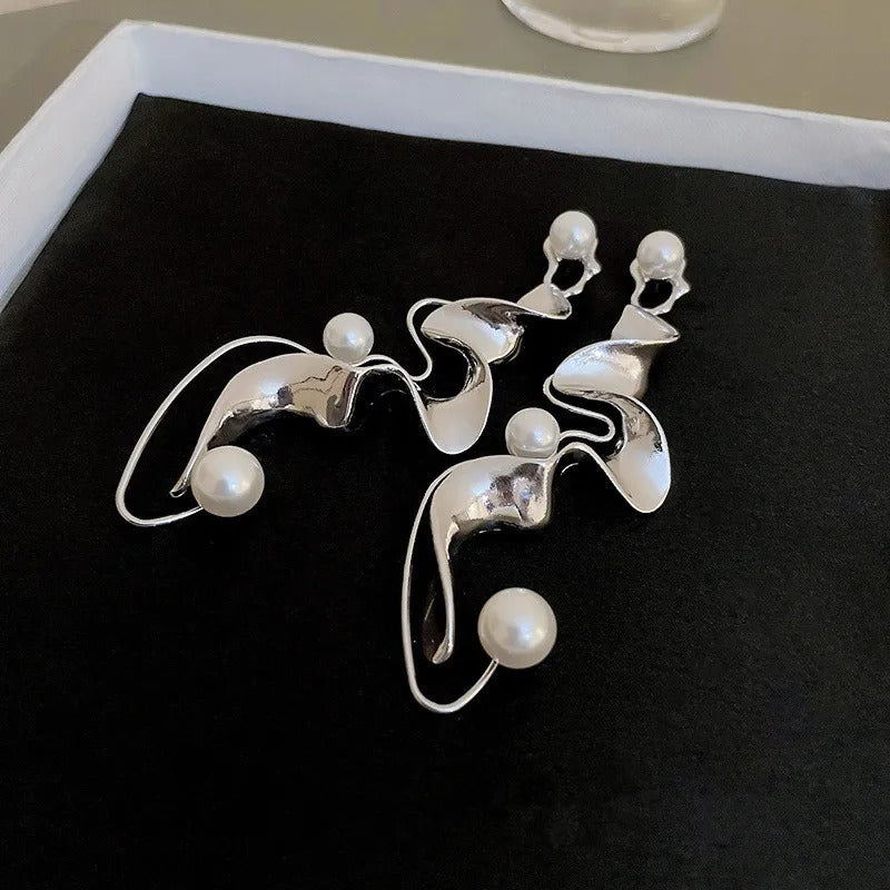 Vintage Pearl Abstract Silver Earrings