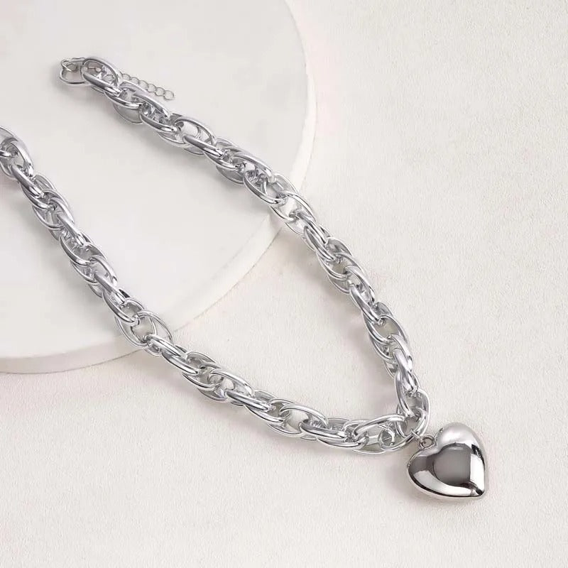 Silver Chunky Chain & Heart Shaped Pendant Necklace