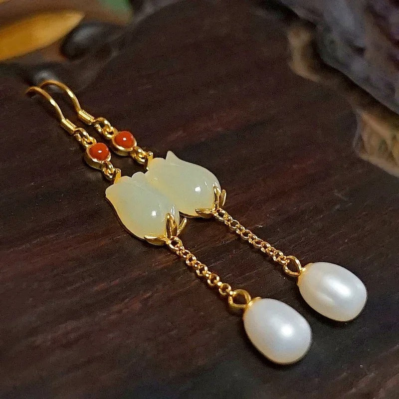 Classic Gold & Ivory Chain Jade Flower Pearl Earrings