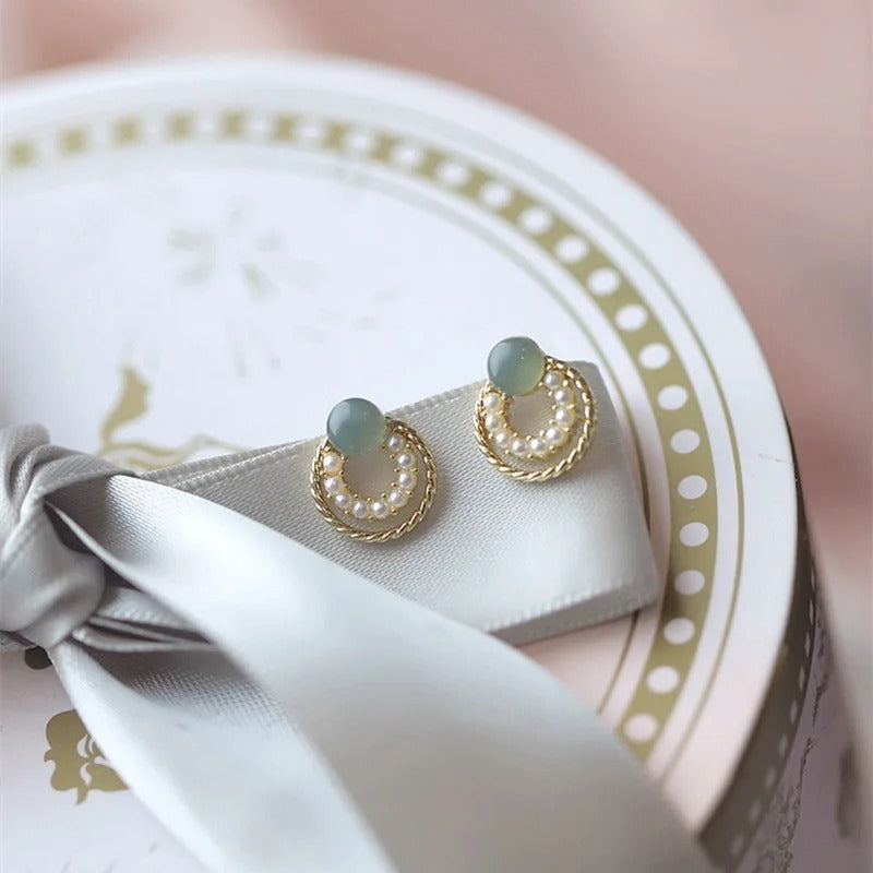 Vintage Gold Green Stone Pearl Earrings