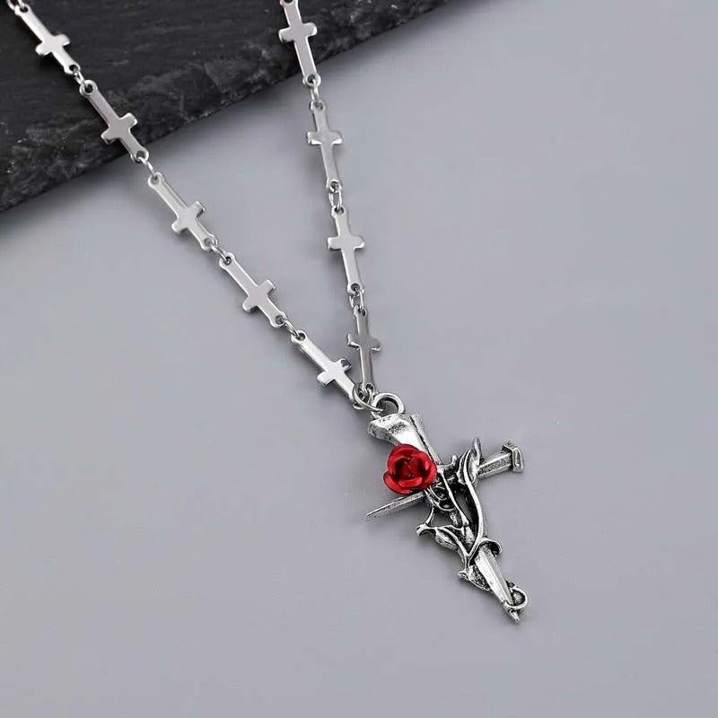 Silver Cross Pendant & Red Rose Necklace