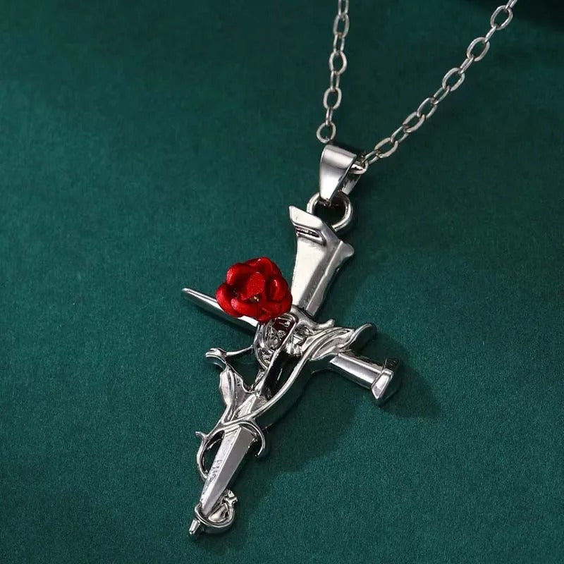 Silver Religious Cross & Rose Thorn Necklace
