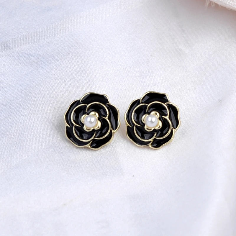 Black Enamel Flower Pearl Earrings