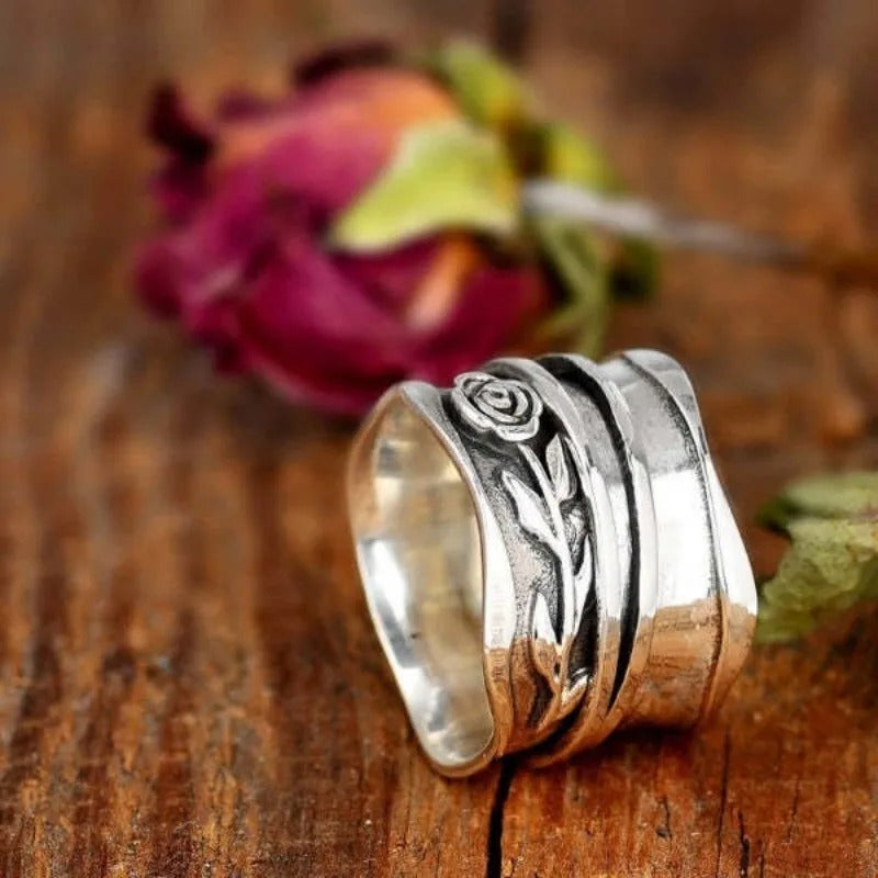 Silver Floral Engraved Statement Ring
