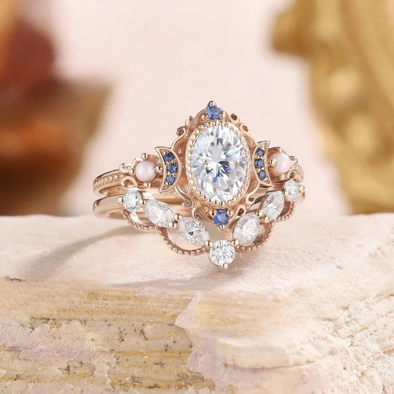 Vintage Rose Gold Pearl & Blue Stone Ring