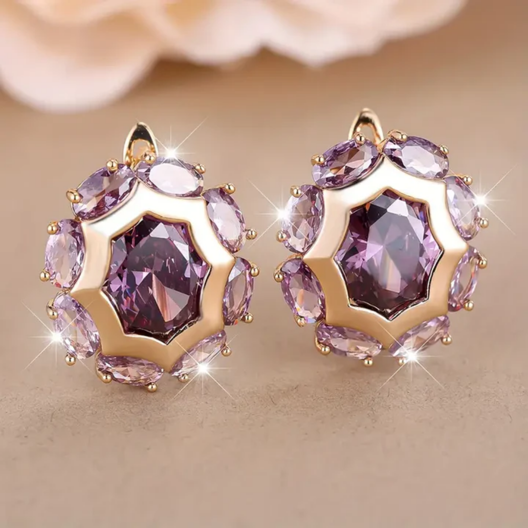 Rounded Violet Zirconia Gold Earrings